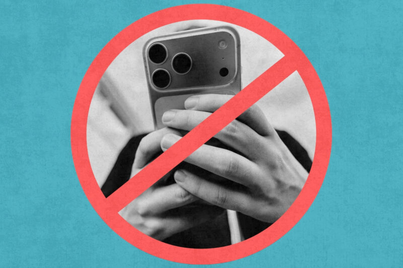 A composite image consisting of a black and white photo of someone with a smartphone in their hands, inside a graphic of a red circle with a diagonal red line across the photo