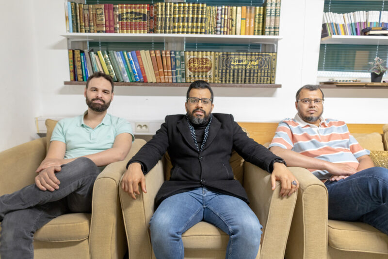 Portrait photograph of Islamic Cultural Association of Södertälje members Afeef Asali, Daoud Omar Ali and Mohammad Asim Feroze, sitting in armchairs