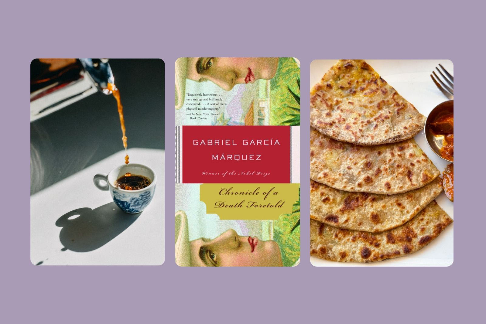A composite image featuring photos of three things Eshaan Akbar likes (from left to right): Moka pot, Chronicle of a Death Foretold by Gabriel García Márquez, aloo parathas