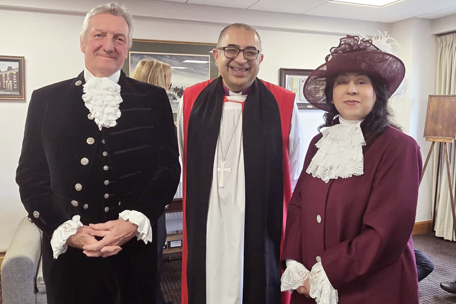 A photograph of Dr Ruby Bhatti (right) with her predecessor as high sheriff, Christopher Brown (left), and bishop of Kirkstall Arun Arora (centre), at her appointment ceremony in Leeds 
