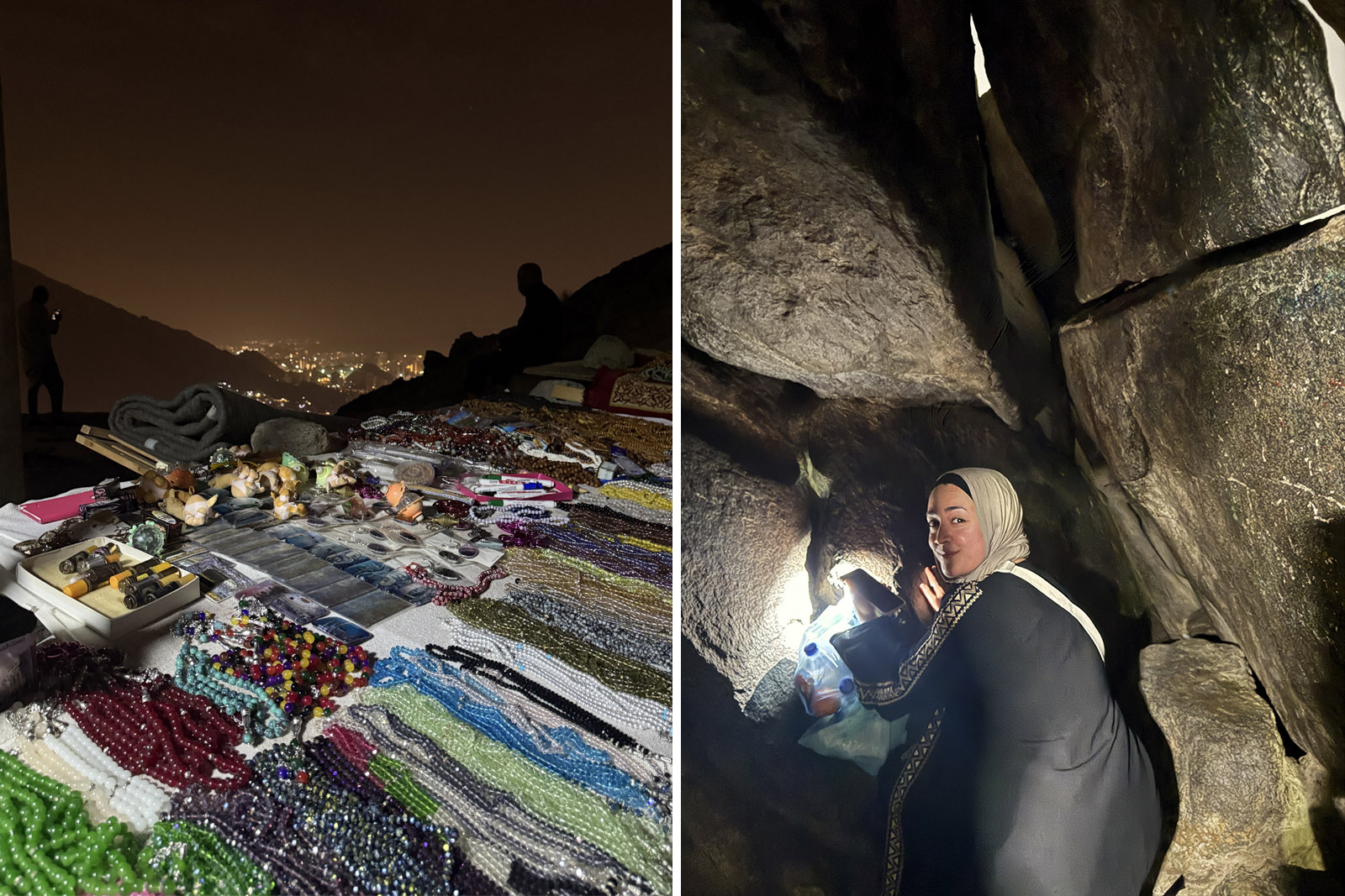 Una imagen compuesta de dos fotografías del peregrinaje de Mariam Amini a la montaña Jabal al-Nour: (izquierda) un puesto de regalos en la montaña y (derecha) una foto de Mariam tomada por su hermana en el Ghar-e-Hira