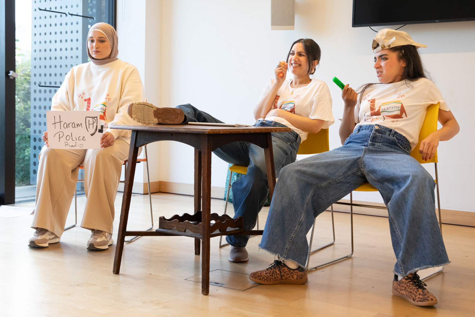 Sketchy Muslims performers (from left) Sajida Yasin, Saher Shah and Noor Sobka rehearsing a sketch