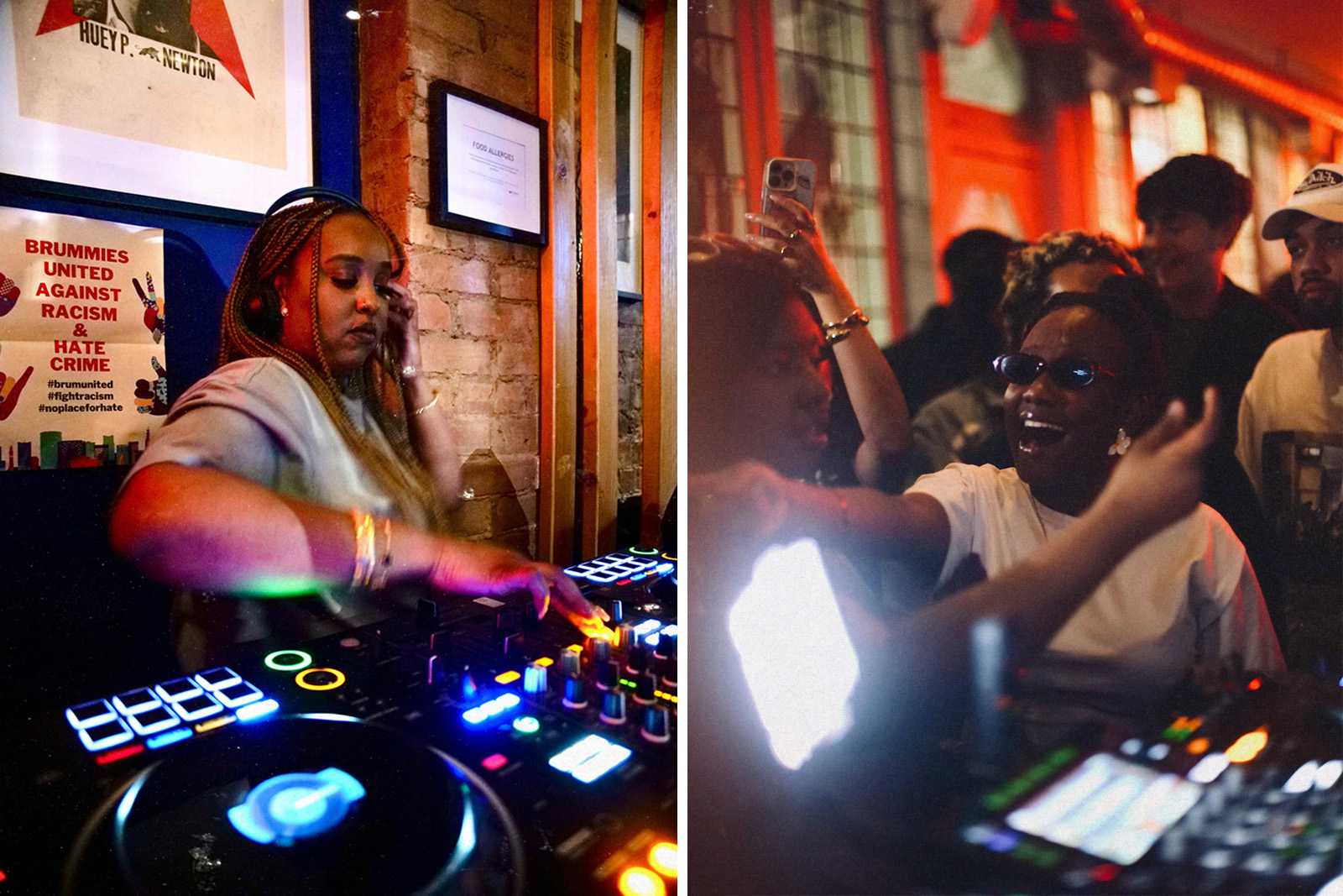 A composite image of two photographs taken during a SaiSounds DJ set, with Abdi on the decks (on the left) and the dance crowd reacting positively to the music (on the right)
