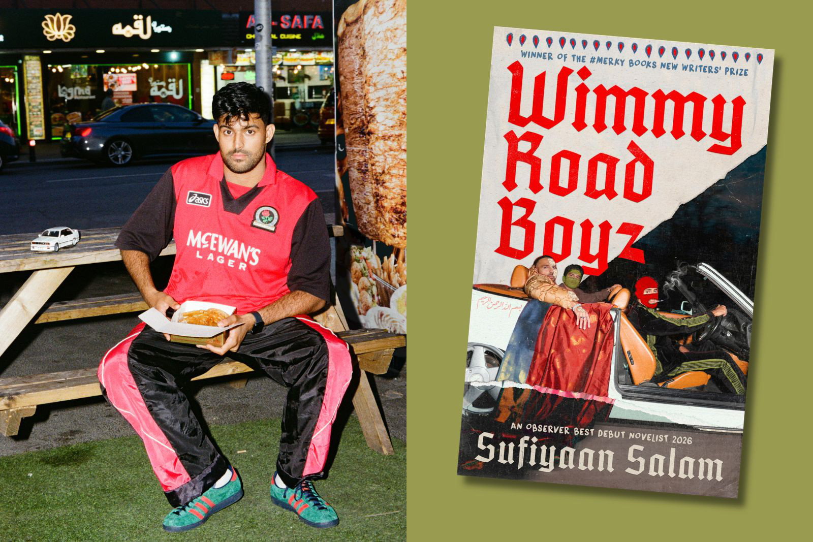 A composite image comprising (on the left) a photo of Sufiyaan Salam wearing a 1990s Blackburn Rovers shirt and tucking into takeaway food on Wilmslow Road; and (on the right) a photo of the cover of his debut novel Wimmy Road Boyz