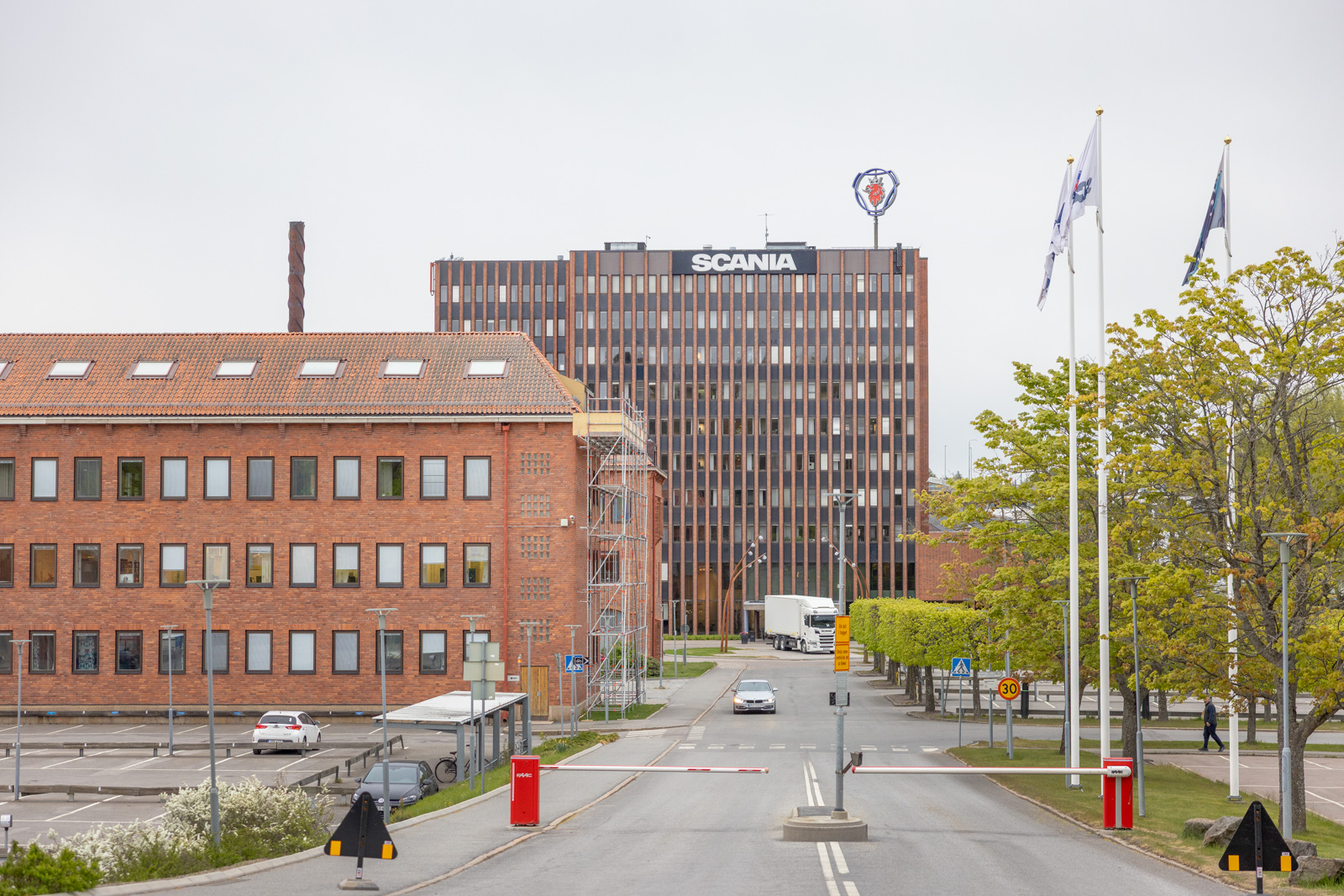 A photograph of the exterior of the office block in Södertälje housing the global headquarters of Swedish truck and bus manufacturer Scania