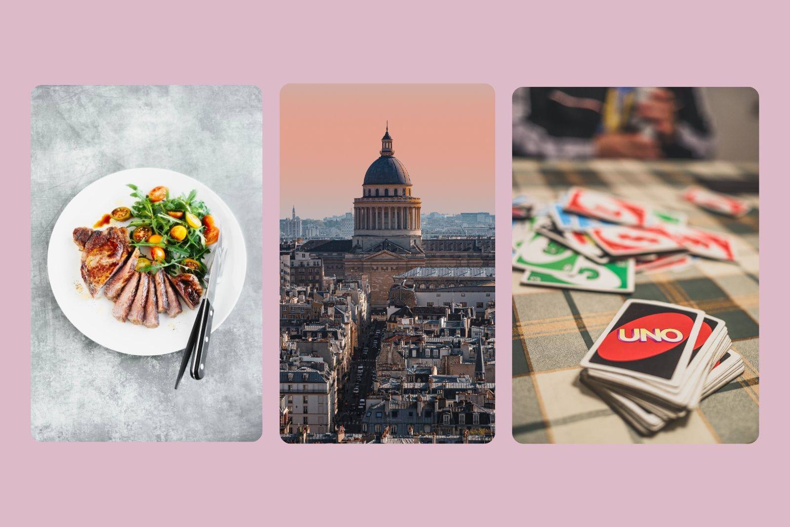 A composite image with photographs of three of Taher Rahim's favourite weekend things (left to right): steak and salad, view Paris's 5th Arrondissement with Panthéon at sunset, playing uno