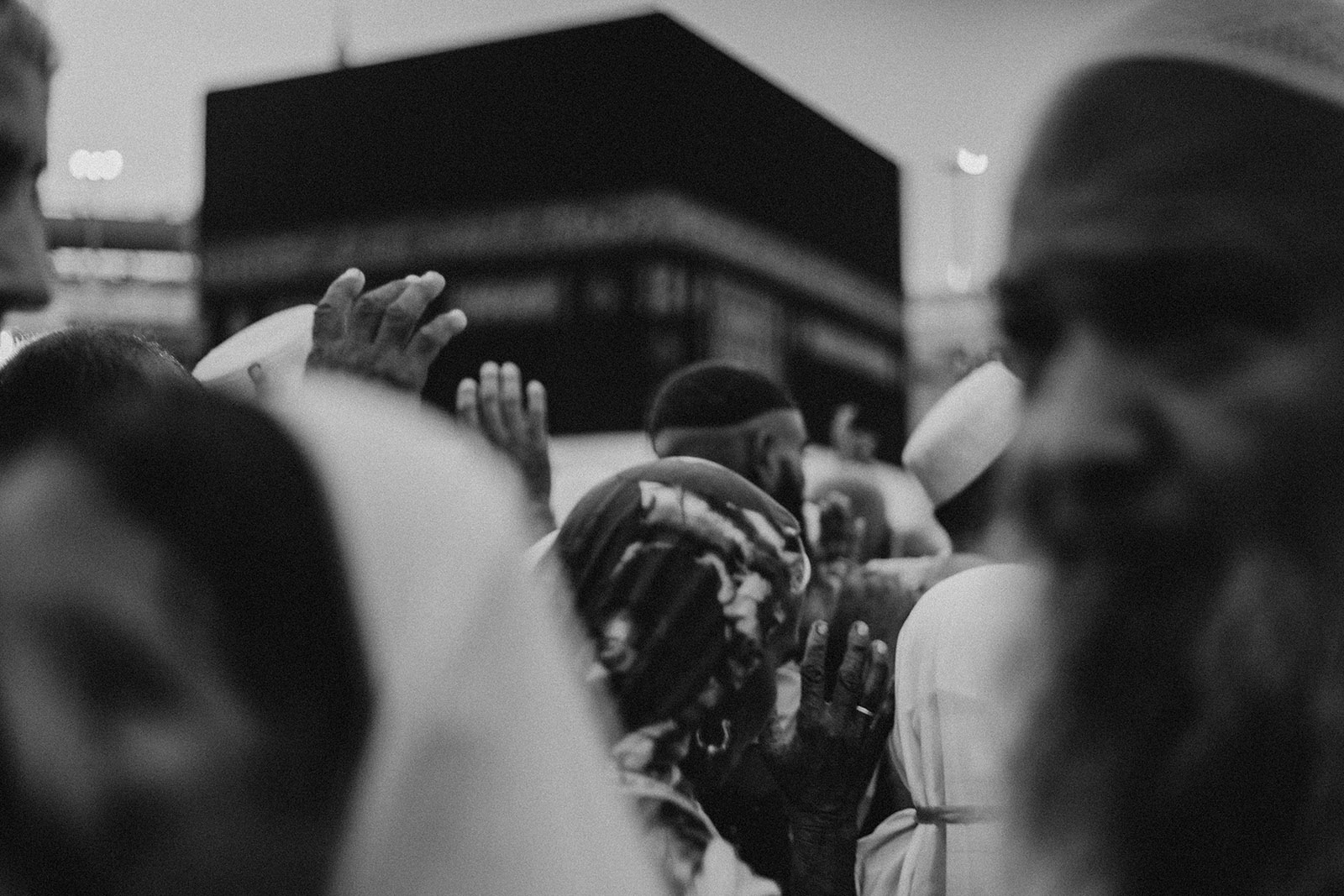 Pilgrims perform tawaf, circling the Kaaba seven times in a counter clockwise direction.