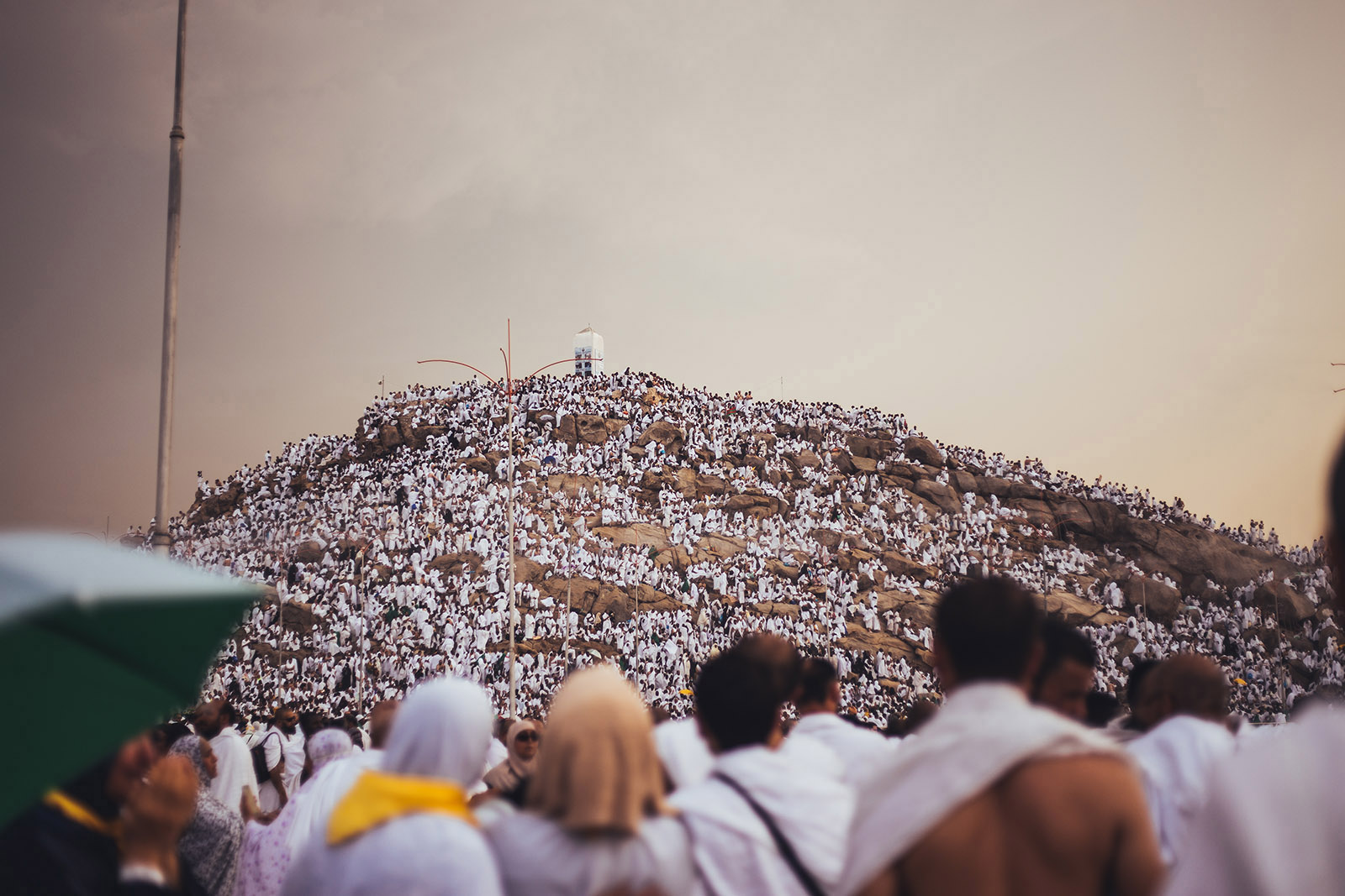 Pilgrims gather on Mount Arafat during the Day of Arafah.