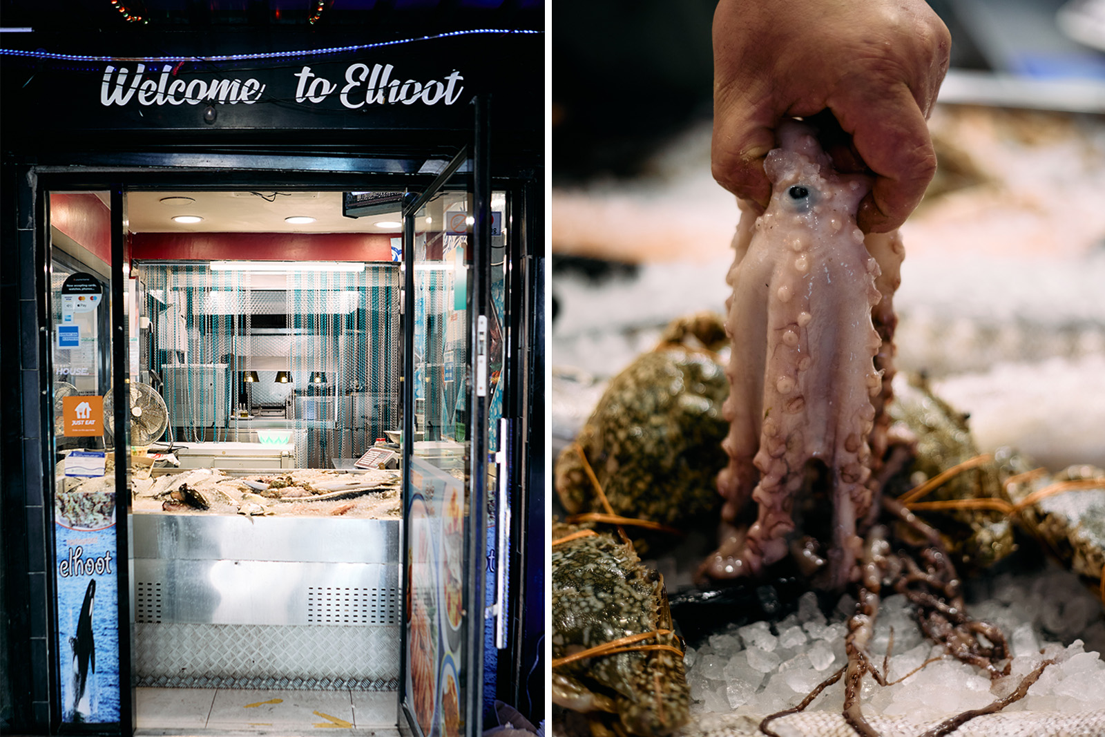 A composite image comprising two photographs, on left showing entrance to fishmonger’s-cum-restaurant Elhoot; and on the right a member of staff holding an octopus over ice at the fish counter
