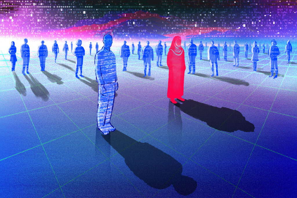 An illustration for an article about gaps in public data about UK Muslims, showing human figures standing on a grid pattern floor, with lines of numbers running across their bodies