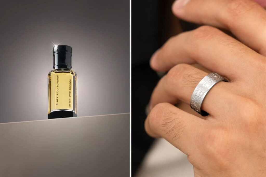 A composite image comprising two photographs: on the left, one featuring Dark Rouge fragrance oil from Black Oud London; and on the right, the Ayatul Kursi ring from Nominal on someone's finger