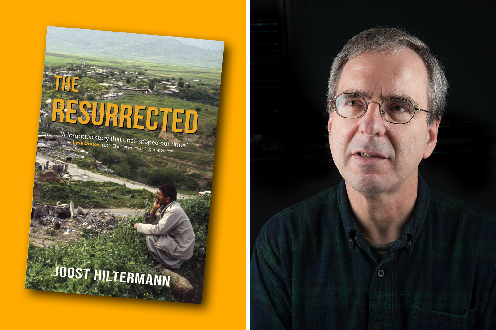 A composite image made up of two photographs: on the left the cover of Joost Hiltermann's novel The Resurrected, and on the right a headshot portrait of the author