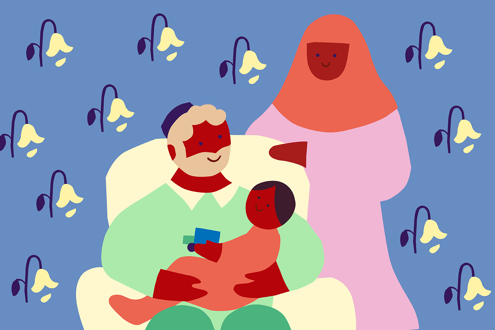 An illustration of a father with his grandchild on his lap, while his daughter looks on from behind