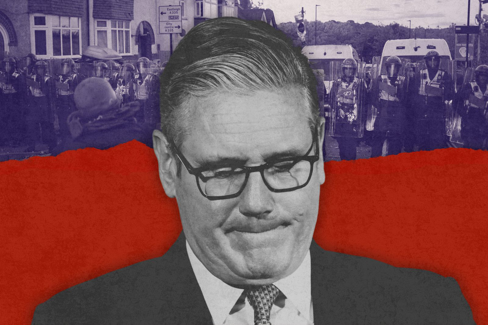 Keir Starmer in black and white, with (behind him) a separate photo showing police and protesters in the street following the sentencing of Henry Nowak's killer Vickrum Digwa