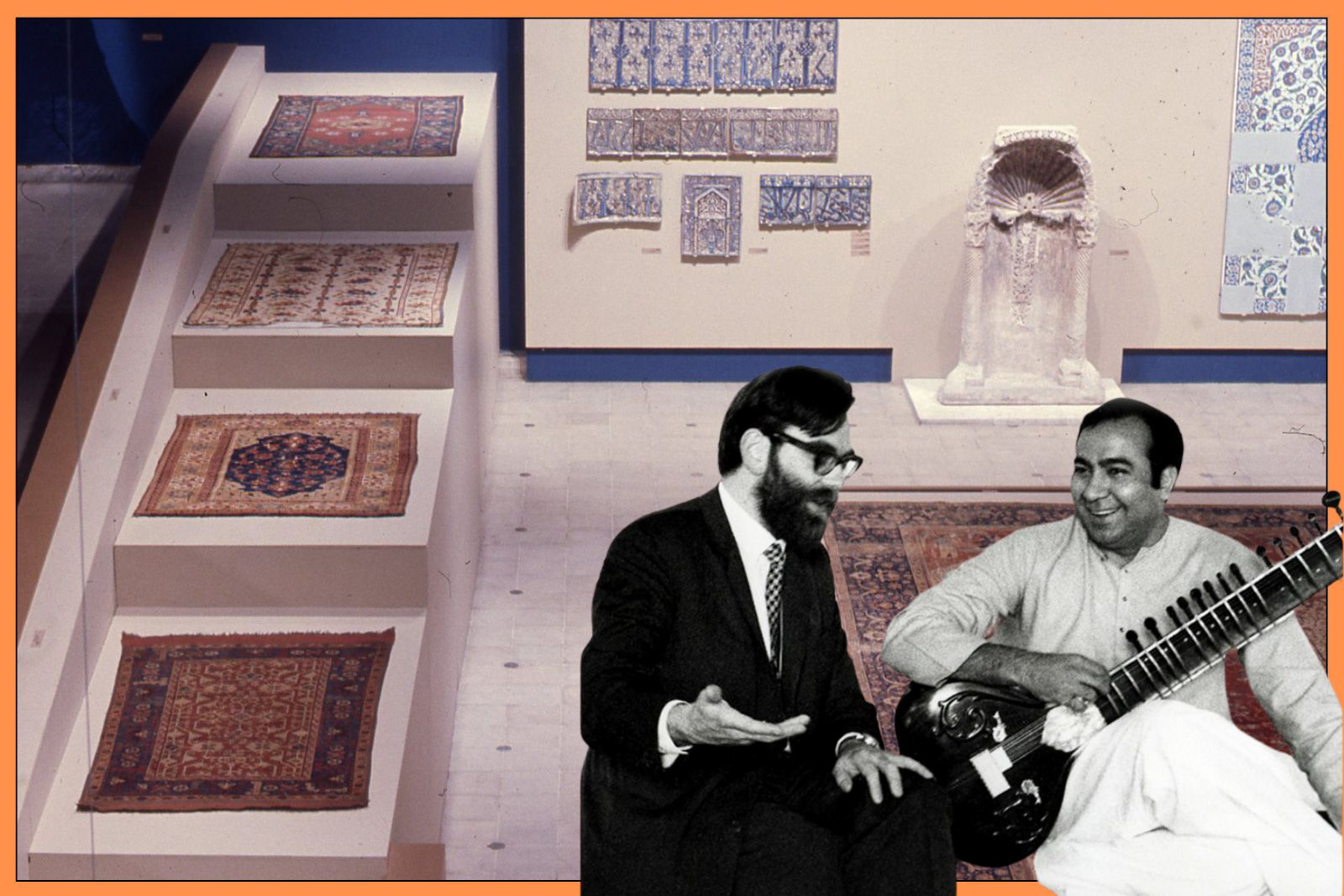 A composite image comprising, in the background, a colour photograph of the part of the 1976 World of World of Islam Festival at the Hayward Gallery; overlayed with a black and white photo of the event's director Paul Keeler with sitar player Ustad Mahmud Mirza, taken in 1970