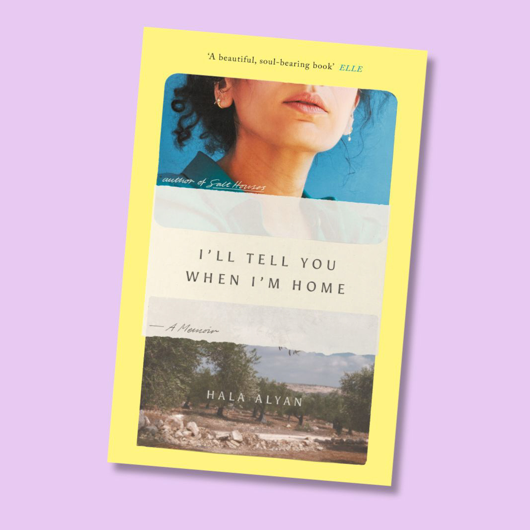 A composite image of the cover of Hala Alyan's memoir I'll Tell You When I'm Home, against a pale purple background