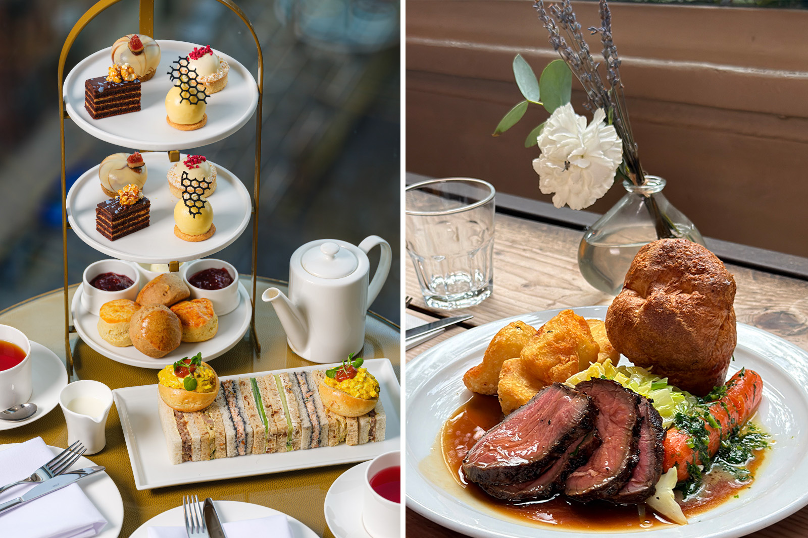 A composite image with, on the left, a photo of Cloud 23's afternoon tea with a selection of sweet treats and scones on a cake stand and a platter of sandwiches, and on the right a loaded plate of Sunday roast meat, Yorkshire pudding, roast potatoes and other vegetables at Evelyn's