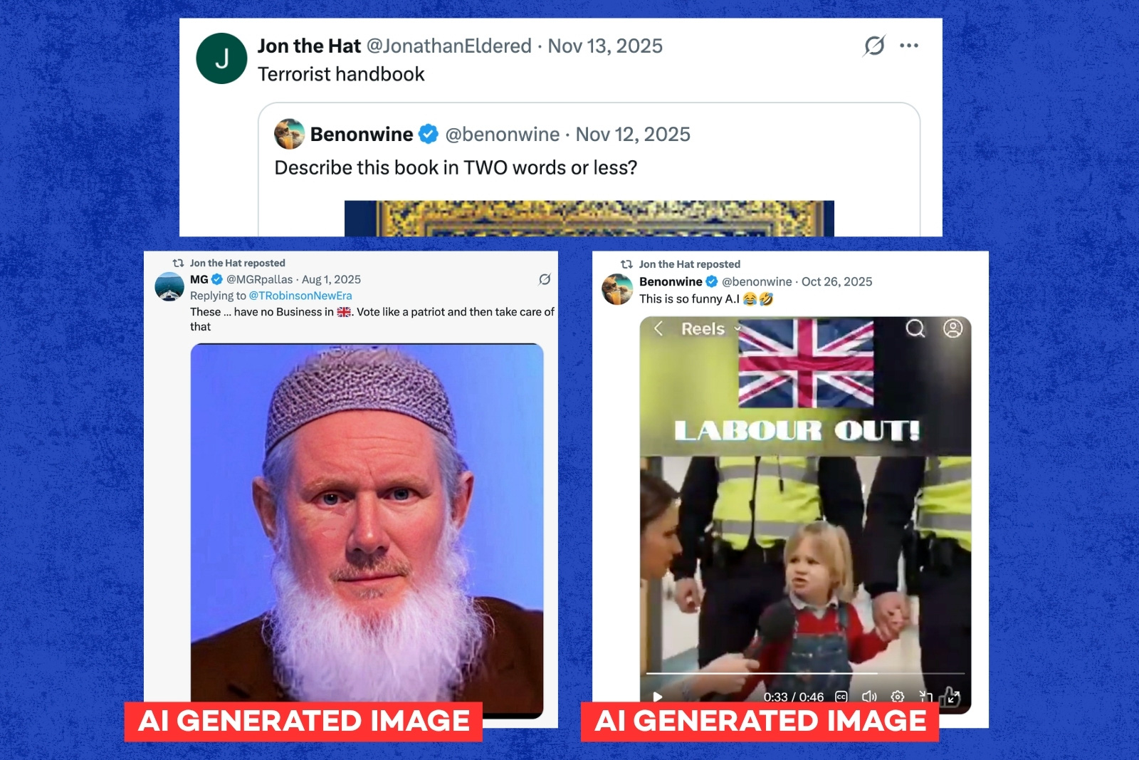 A composite image featuring an AI-generated photo, of Keir Starmer  wearing a taqiyah prayer cap, and video, showing a baby apparently speaking to camera under the headline 'Labour out', that were shared on social media by former Metropolitan Police officer Jonathan Eldered