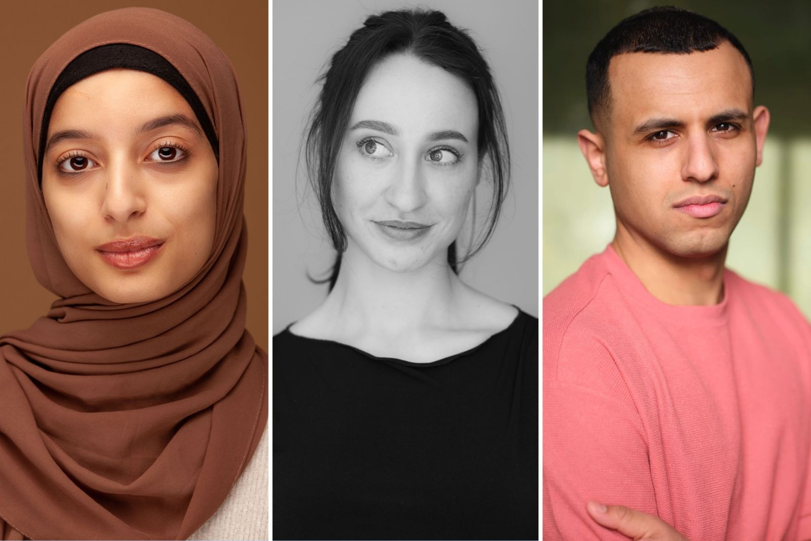 A composite image made up of three headshot photos of (from left) writers Chifaa Khelfaoui, Safia Lamrani and Mohammedally Hashemi