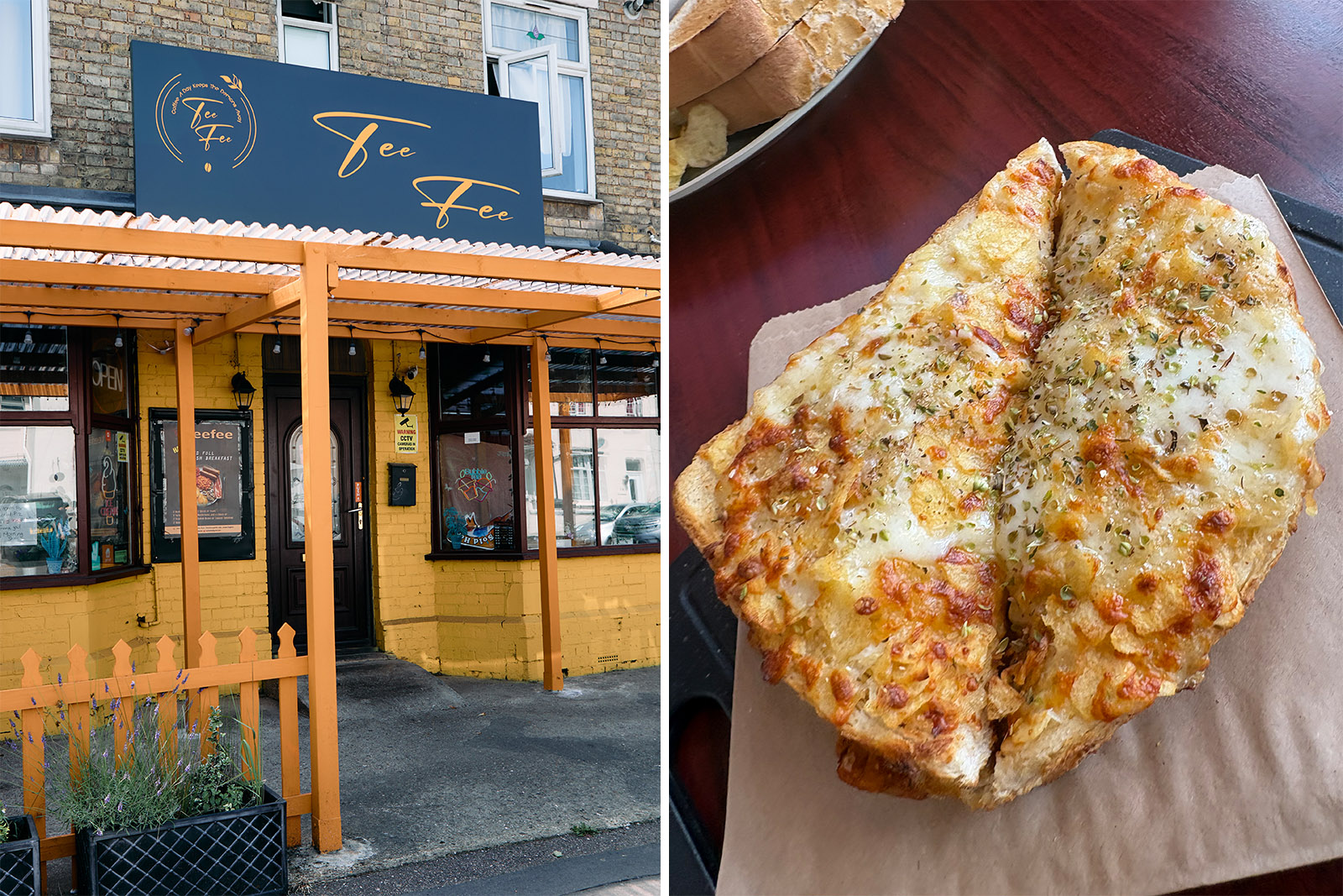 A composite image consisting of two photographs: on the left the entrance to the Tee Fee cafe; and on the right its signature chicken tandoori cheese toastie