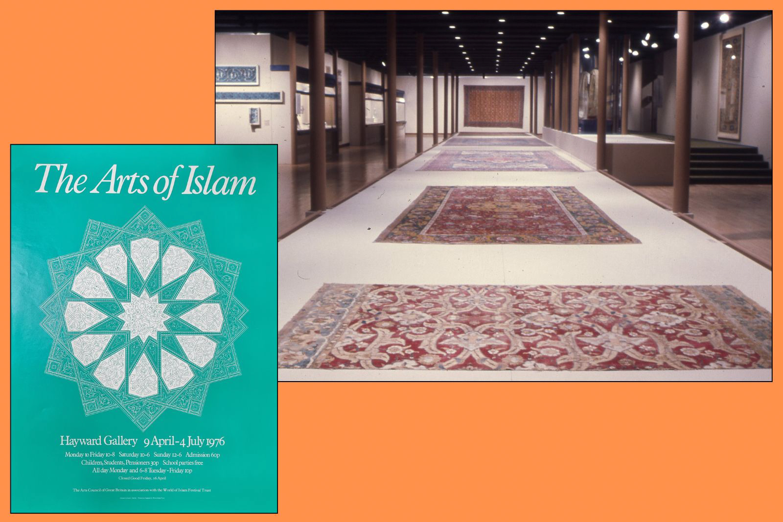 A composite image with, on the left, a World of Islam Festival poster, titled The Arts of Islam, and on the right a photograph showing a view of part of the exhibition