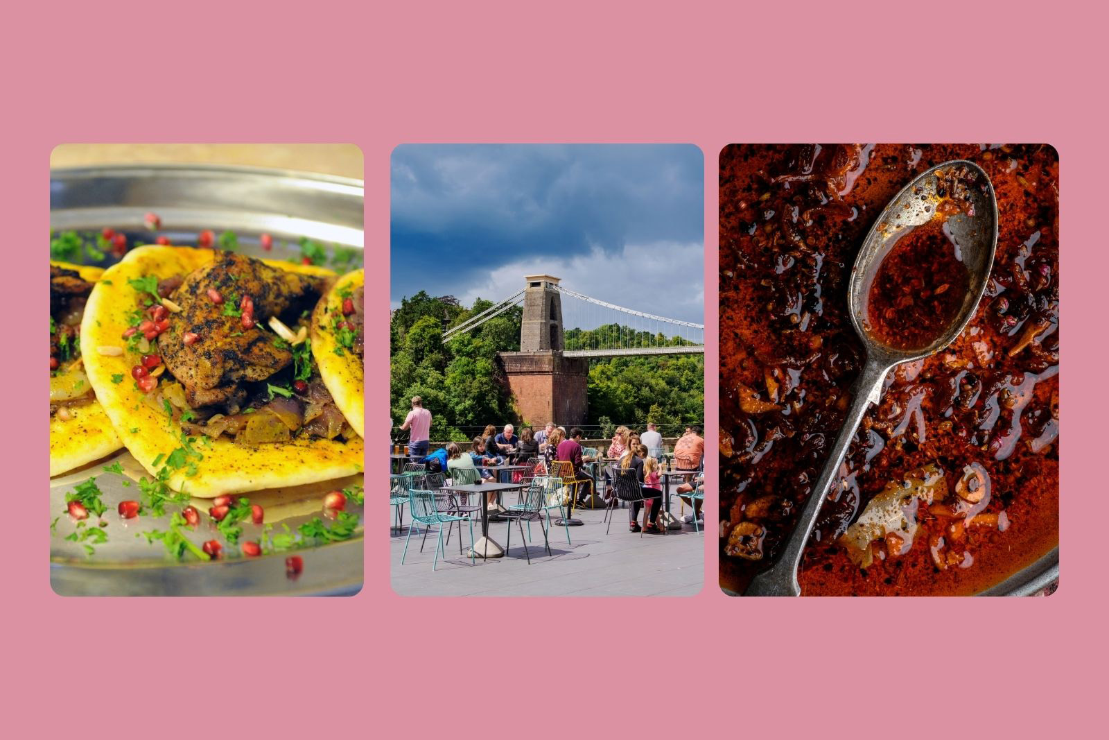 A composite image featuring photos of three of chef Ayesha Kalaji's favourite things, from left to right: musakhan, eating alfresco by the Clifton Suspension Bridge in Bristol, crispy chilli oil 