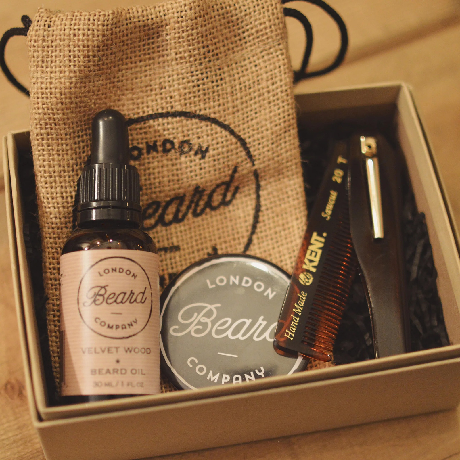 A photograph of a London Beard Company grooming set
