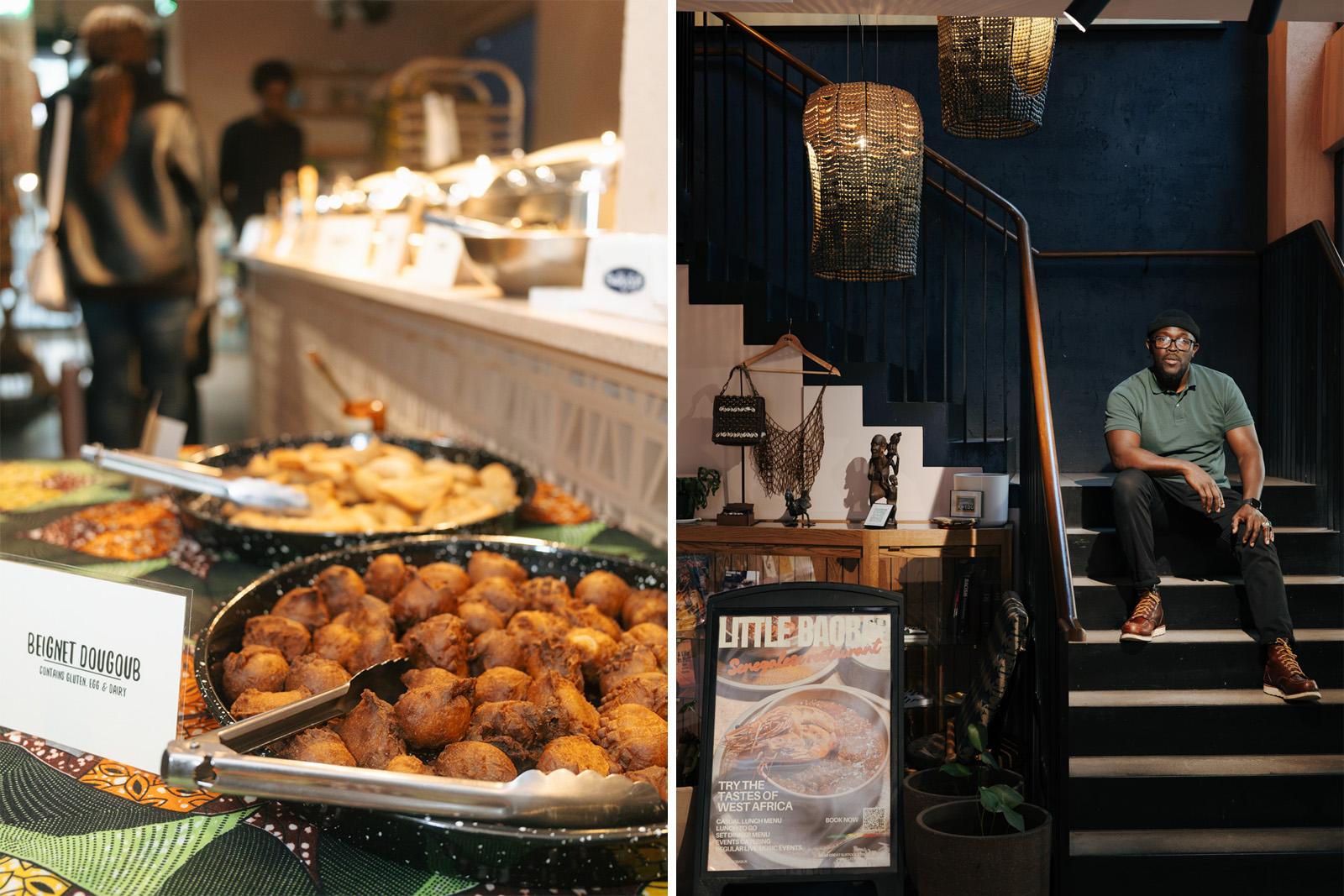 A composite image comprising two photographs, on the left is a view over the self-service buffet at a Little Baobab teranga night with a bowl of beignets dougoub in the foreground; and on the right a shot of Khadim Mané sitting on the stairs leading up the Africa Centre's second floor