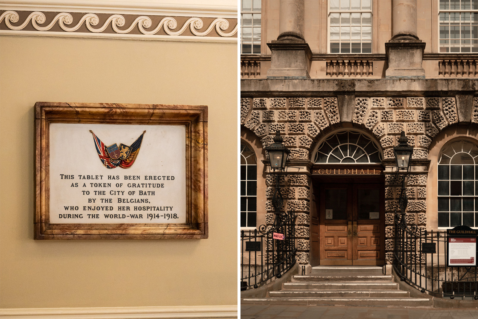 A composite image comprising two photographs: on the left, showing a plaque in Bath Guildhall commemorating the 250,000 Belgian refugees who came to the city during the first world war; and on the right an exterior shot of the front door of the building