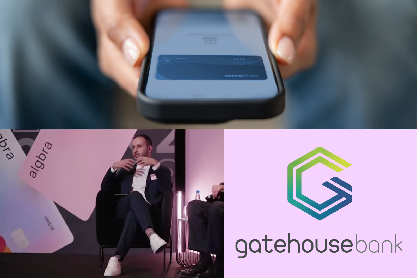 A composite image consisting of three photographs: top, a stock image of someone holding a smartphone; bottom left, Zeiad Idris, Algbra founder and chief executive; bottom right, Gatehouse Bank logo