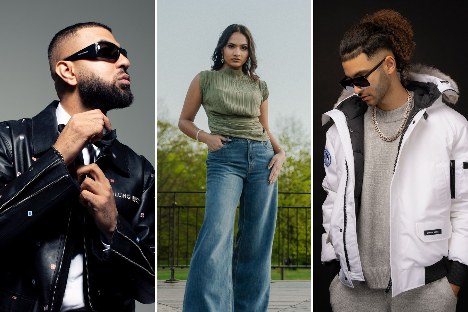 A composite image comprising of three photographs of artists performing at Bradford City Mela 2026, from left to right: F1rstman, Saloni and D8