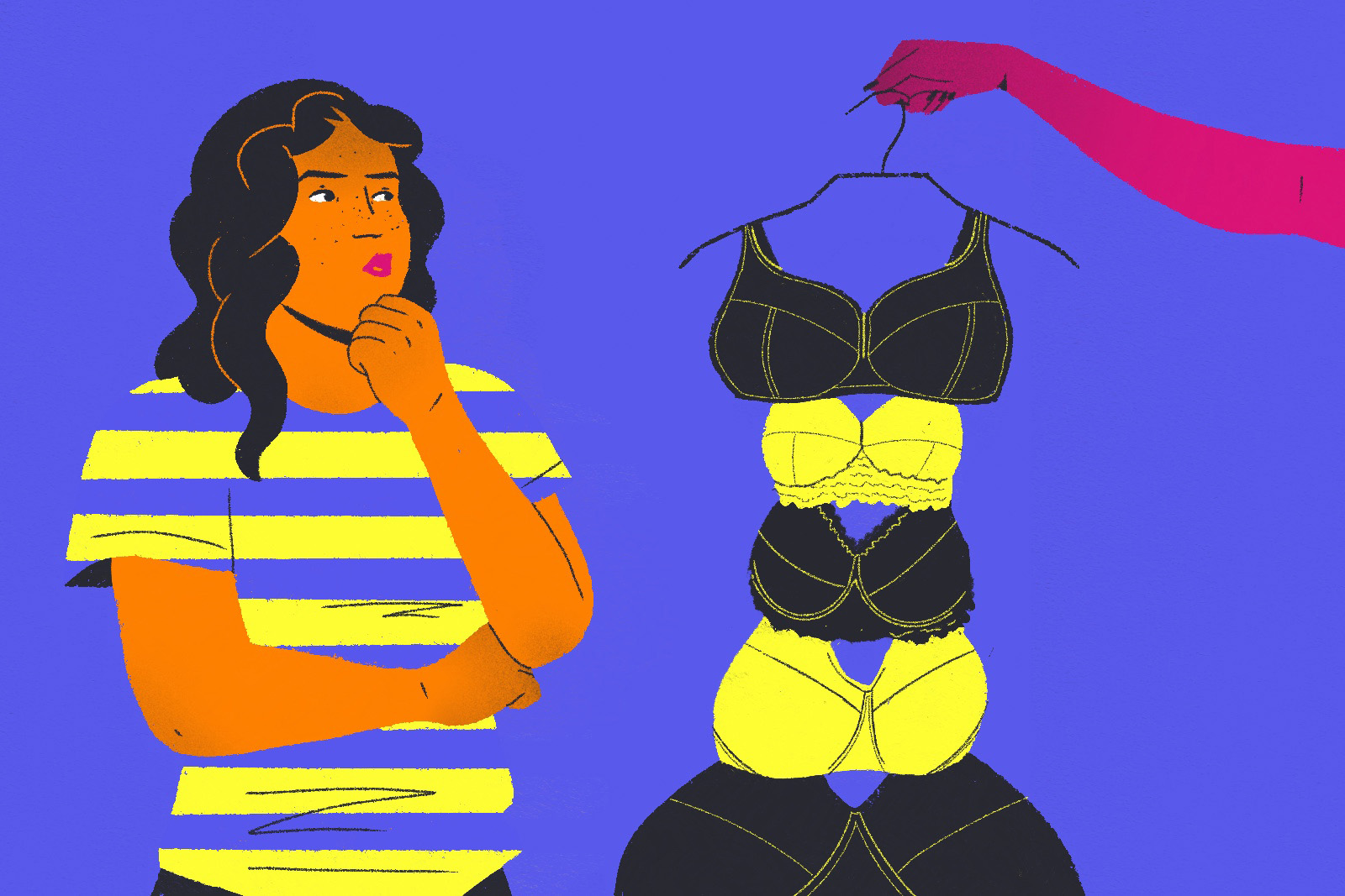 An illustration for an article about the joy of finding your actual bra size, showing a woman looking at several bras suspended from a coat hanger