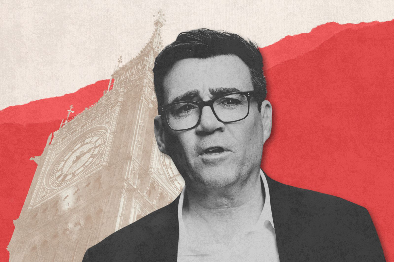 Andy Burnham in black and white with a separate image of Big Ben behind him