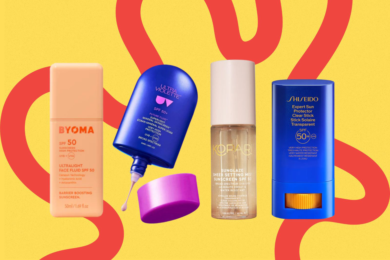 A composite image with photographs of four SPF50 sunscreen products from, left to right, brands BYOMA, Ultra Violette, Kopari and Shiseido, against a red and yellow background