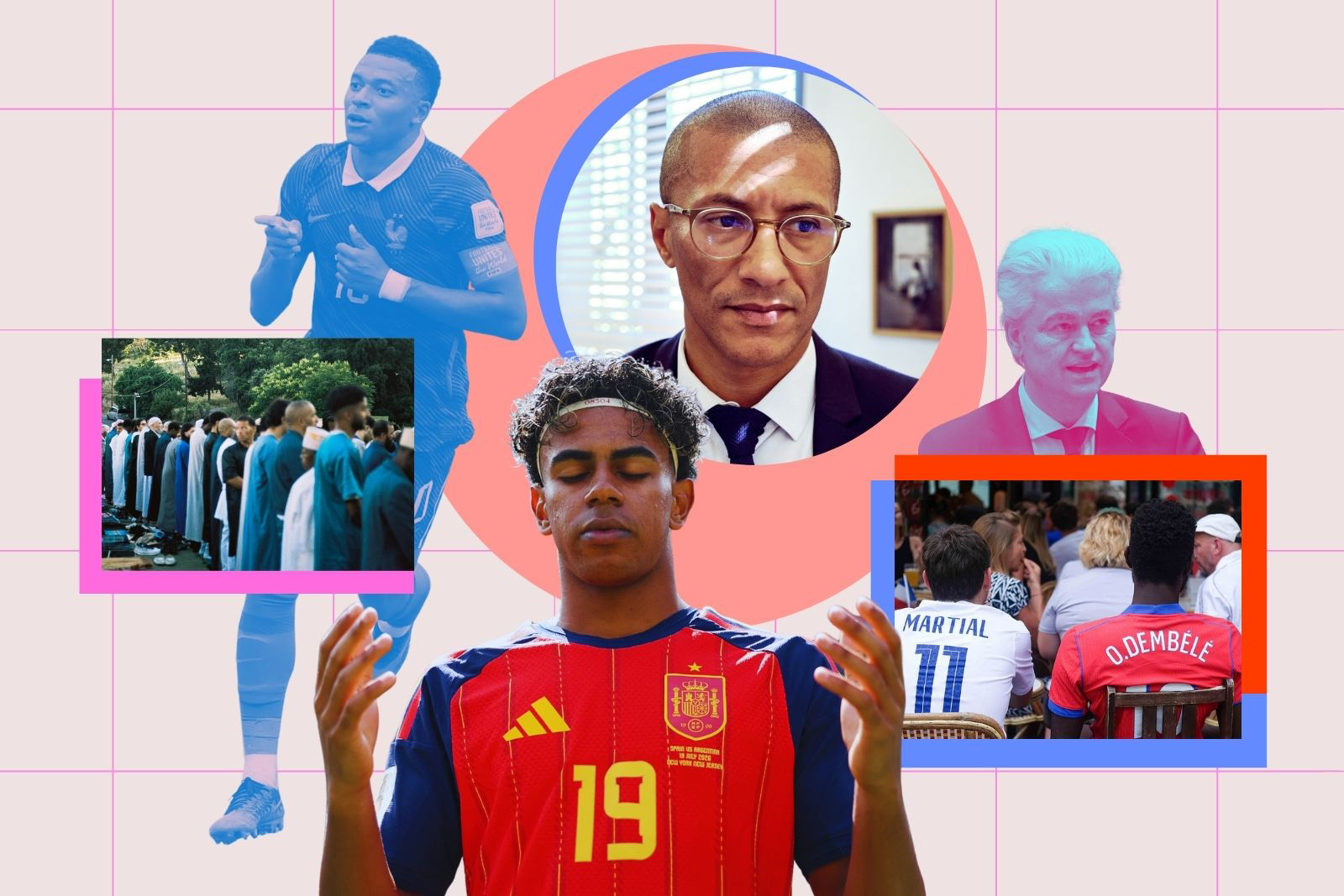 A composite image for the Hyphen View from Europe July 2026, featuring picture of Kylian Mbappé, French presidential candidate Karim Bouamrane, Geert Wilders, French fans watching the World Cup, Lamine Yamal and Muslim worshippers in Marseille