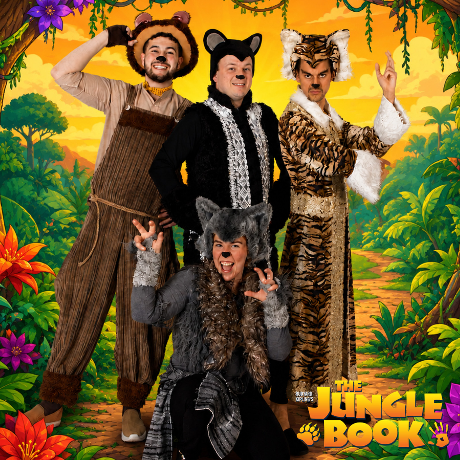 An Immersion Theatre publicity poster for its stage adaptation of The Jungle Book, featuring the four cast members in animal costumes
