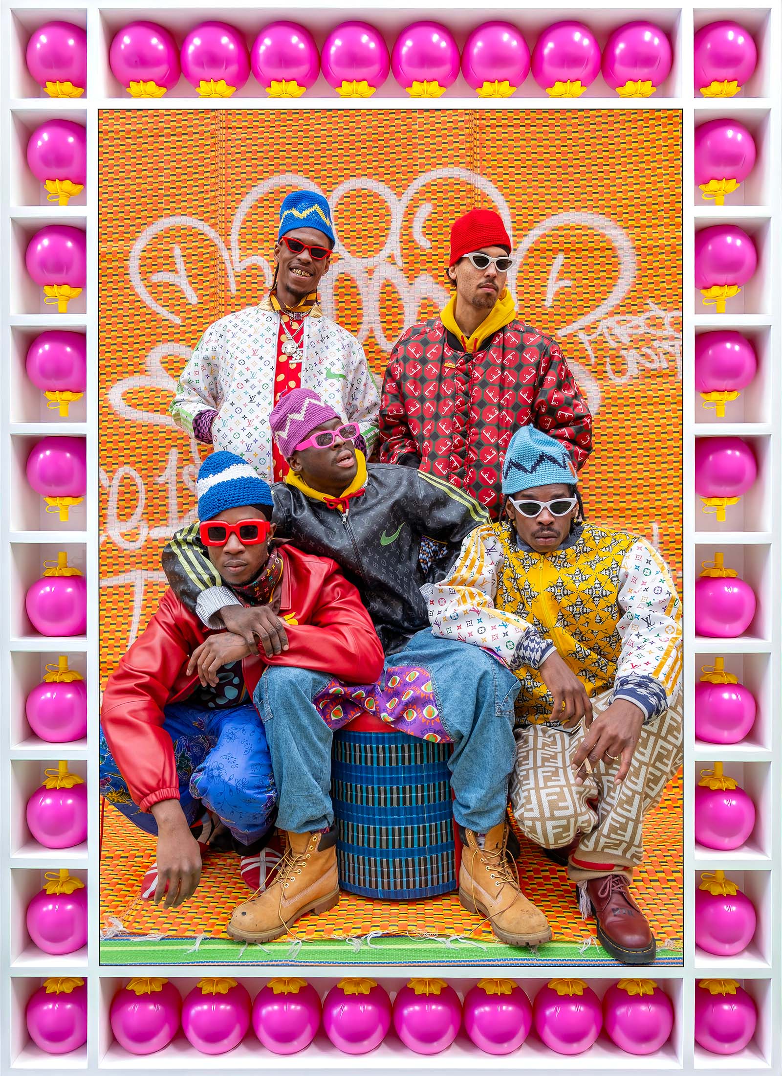 Our Motherland Collective, framed photography by ©Hassan Hajjaj, 2023, part of Hajjaj's exhibition My London Rockstars, Ends to Estates, showing at Sotheby’s Story Café to 7 August 2026
