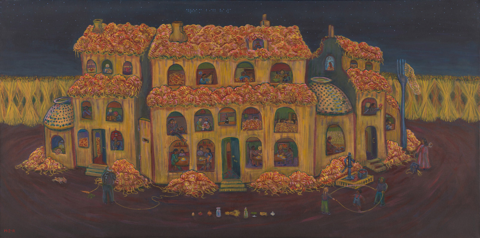 A photograph of Mohammed Z Rahman’s 2024 acrylic on canvas painting The Spaghetti House