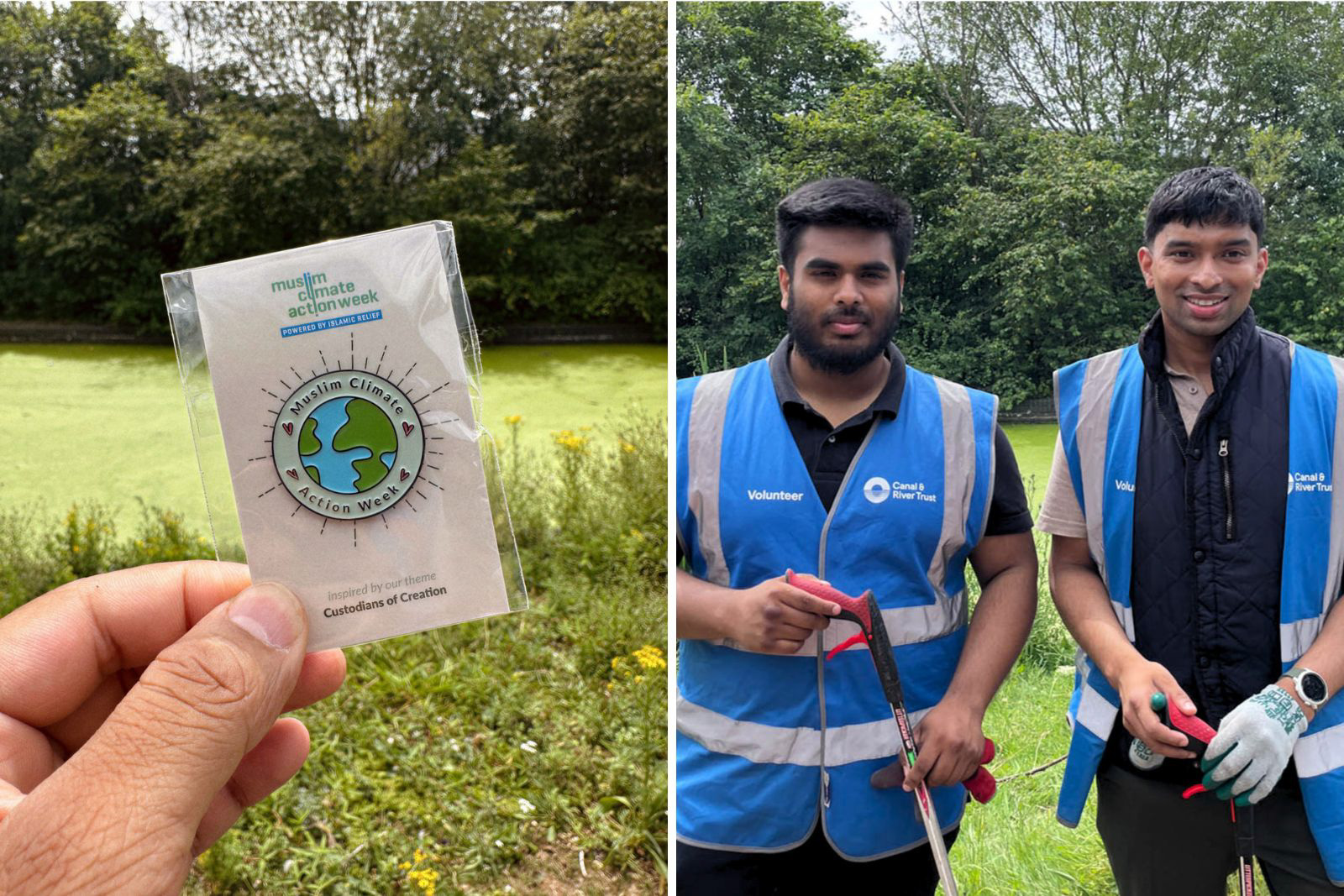 Two volunteers during Muslim Climate Action Week, plus a badge for the event.
