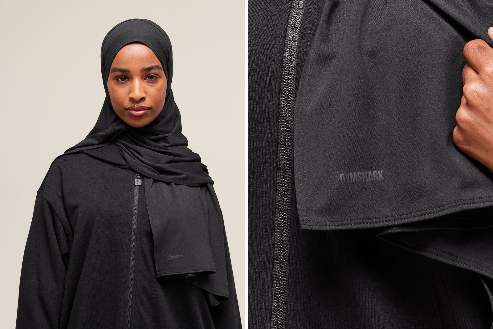 Model wearing Gymshark sports hijab in black