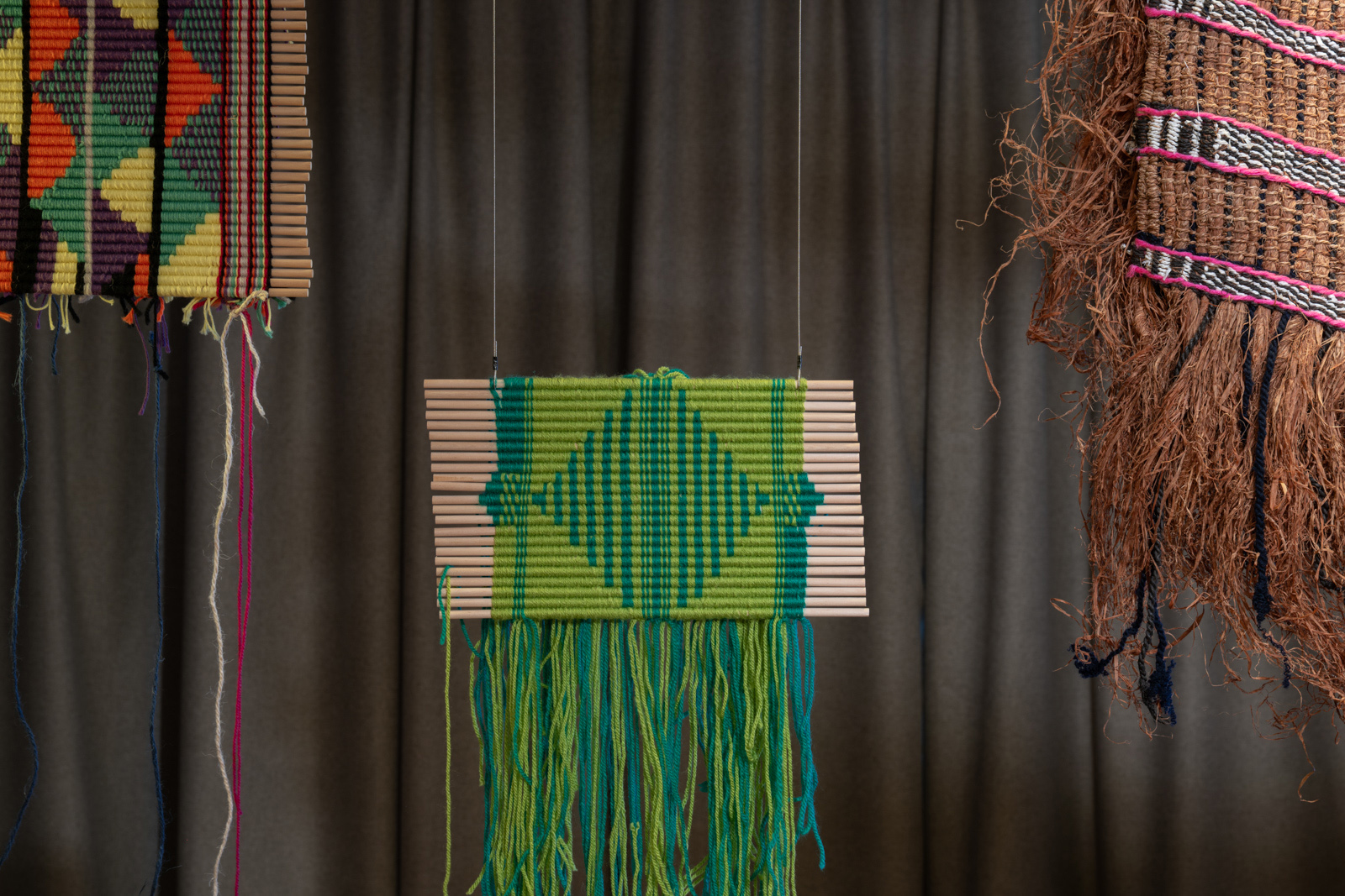 A closeup image of textile-based works in Fozia Ismail's installation, A Song for the Xeedho – The Knot Makers, at Whitechapel Gallery Backyard Biennial