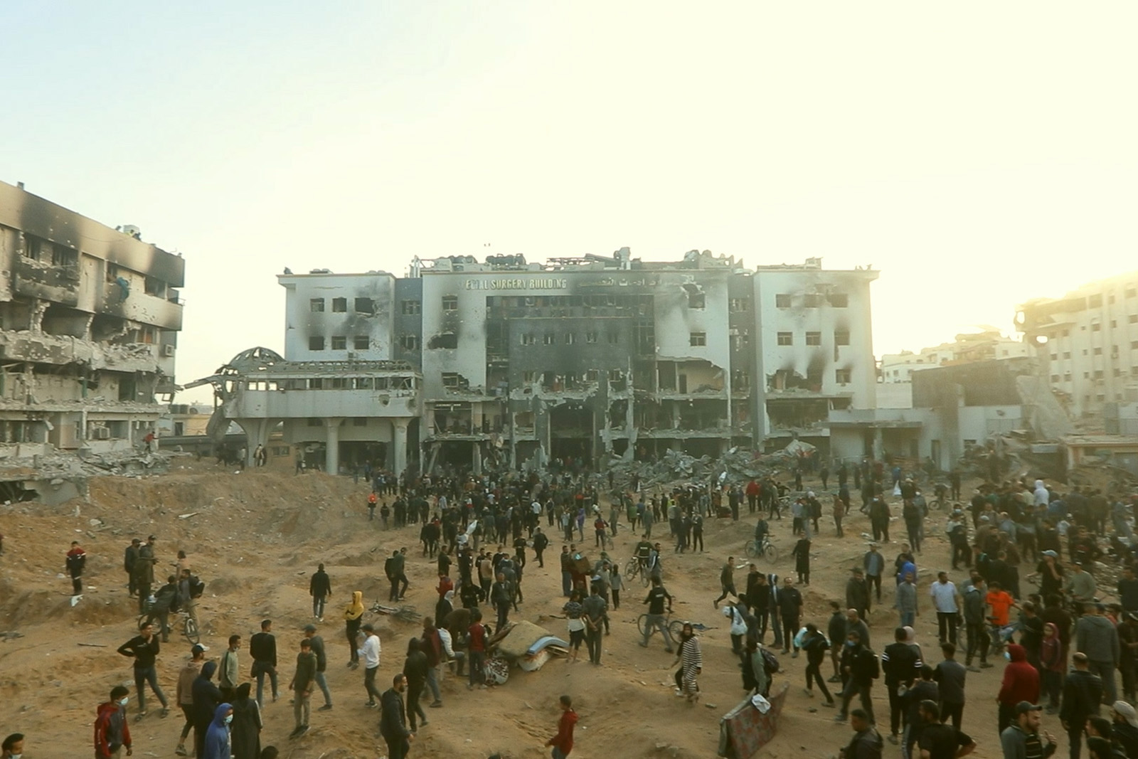 A production still of a bombed-out hospital building in Gaza, from the documentary Life Support by Daniele Rugo