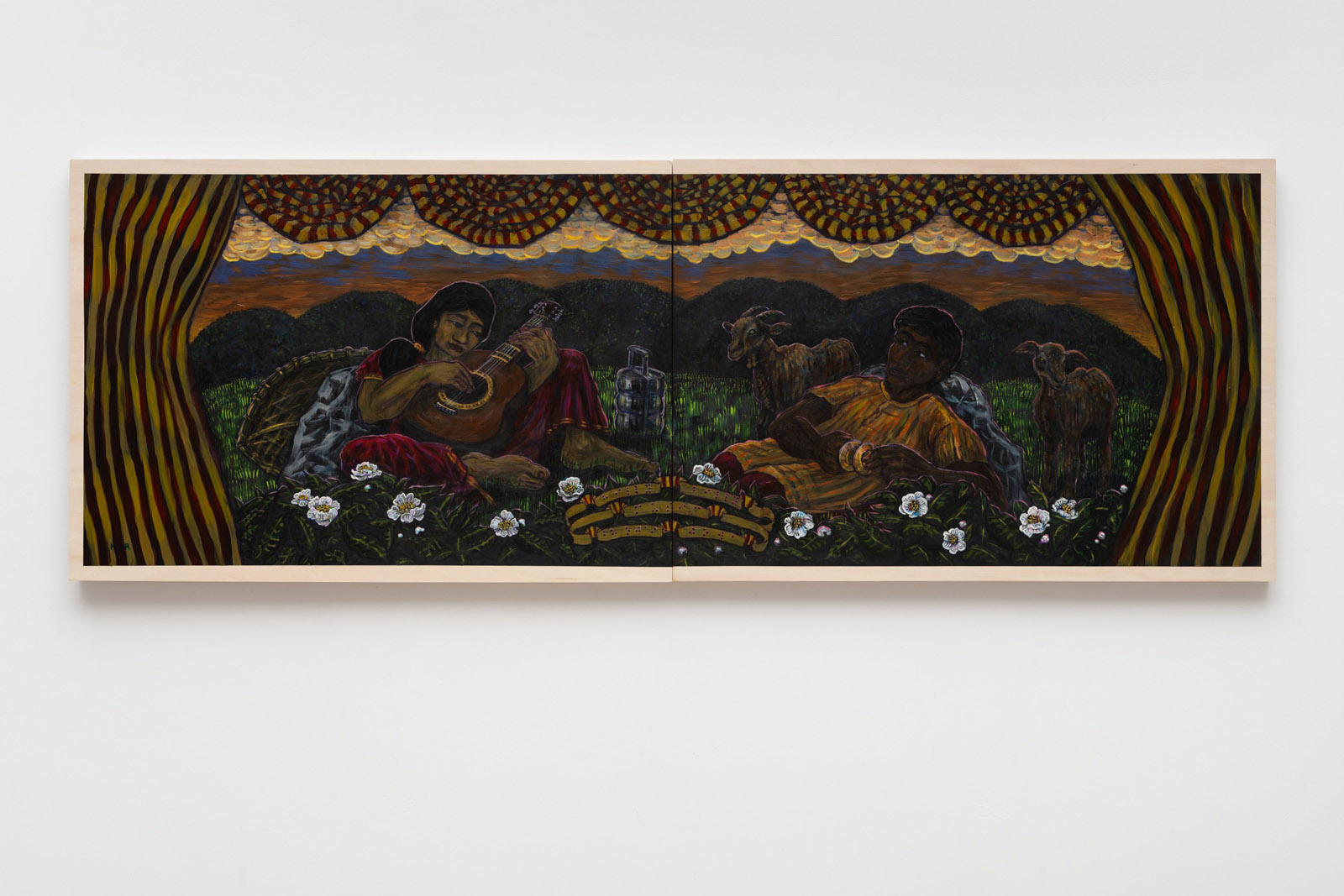A photograph of Mohammed Z Rahman's 2026 painting Love Crossed the Hills, which depicts two goat herders sitting in front of their flock, one strumming a guitar