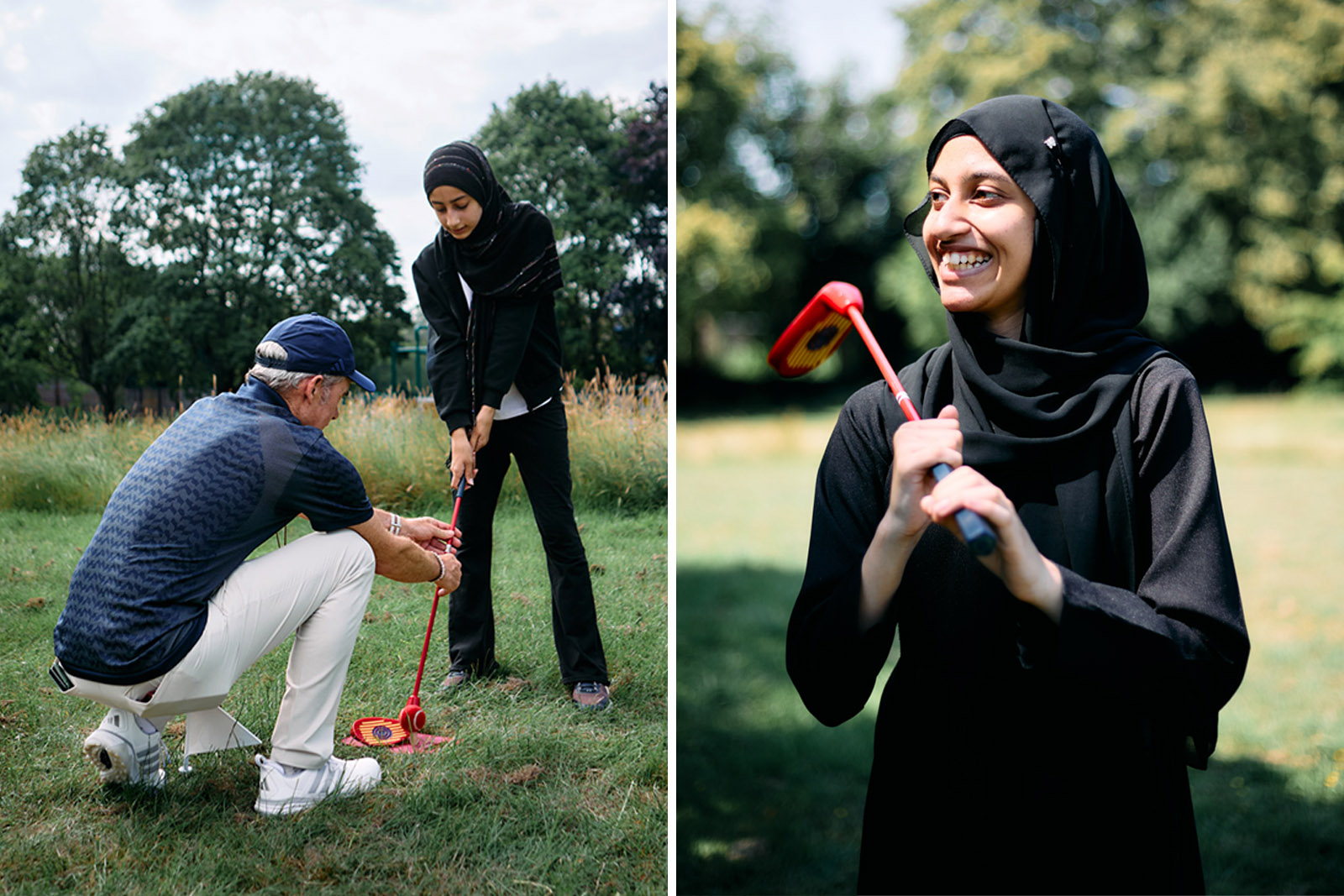 A composite image made up of two photographs: on the left, a Muslim Golf Association coach helping a school girl in a hijab learn how to hold a club; on the right, a portrait of the same girl, smiling and holding the club over her left shoulder