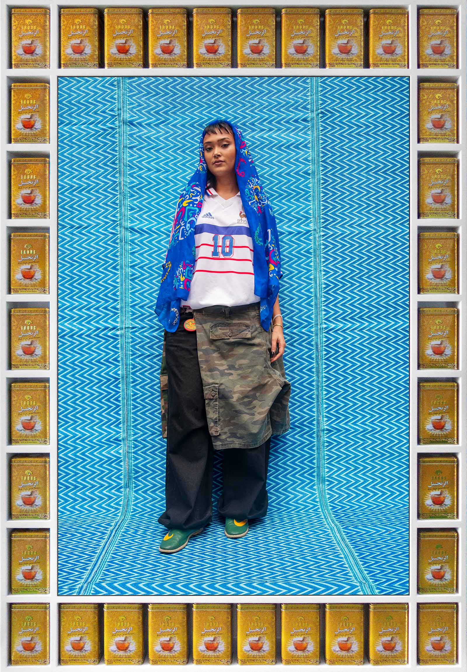 Joy Crookes, framed photography by ©Hassan Hajjaj, 2025, part of Hajjaj's exhibition My London Rockstars, Ends to Estates, showing at Sotheby’s Story Café to 7 August 2026
