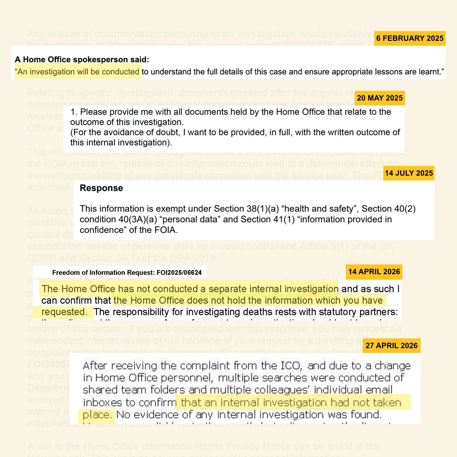 A composite image comprising excerpts of email exchanges between Hyphen and the Home Office relating to the death of Mehrab Omrani, revealing that an internal investigation had not taken place