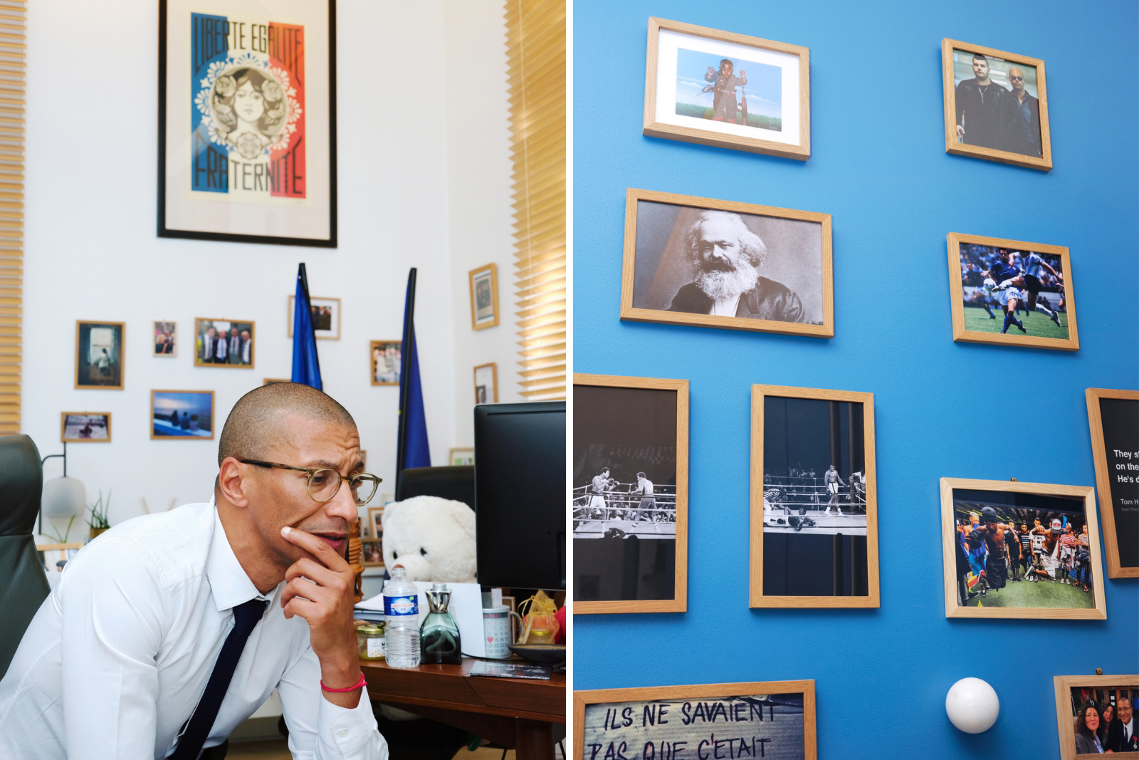 A composite image featuring two photographs: on the left, Karim Bouamrane in his Saint-Ouen town hall office, 8 July 2026; on the right, pictures on a wall in his office, including Karl Marx and Muhammad Ali