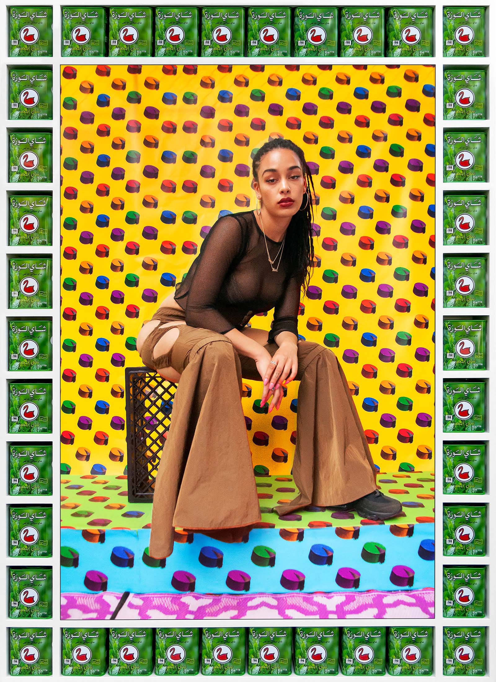 Jorja Smith, framed photography by ©Hassan Hajjaj, 2017, part of Hajjaj's exhibition My London Rockstars, Ends to Estates, showing at Sotheby’s Story Café to 7 August 2026