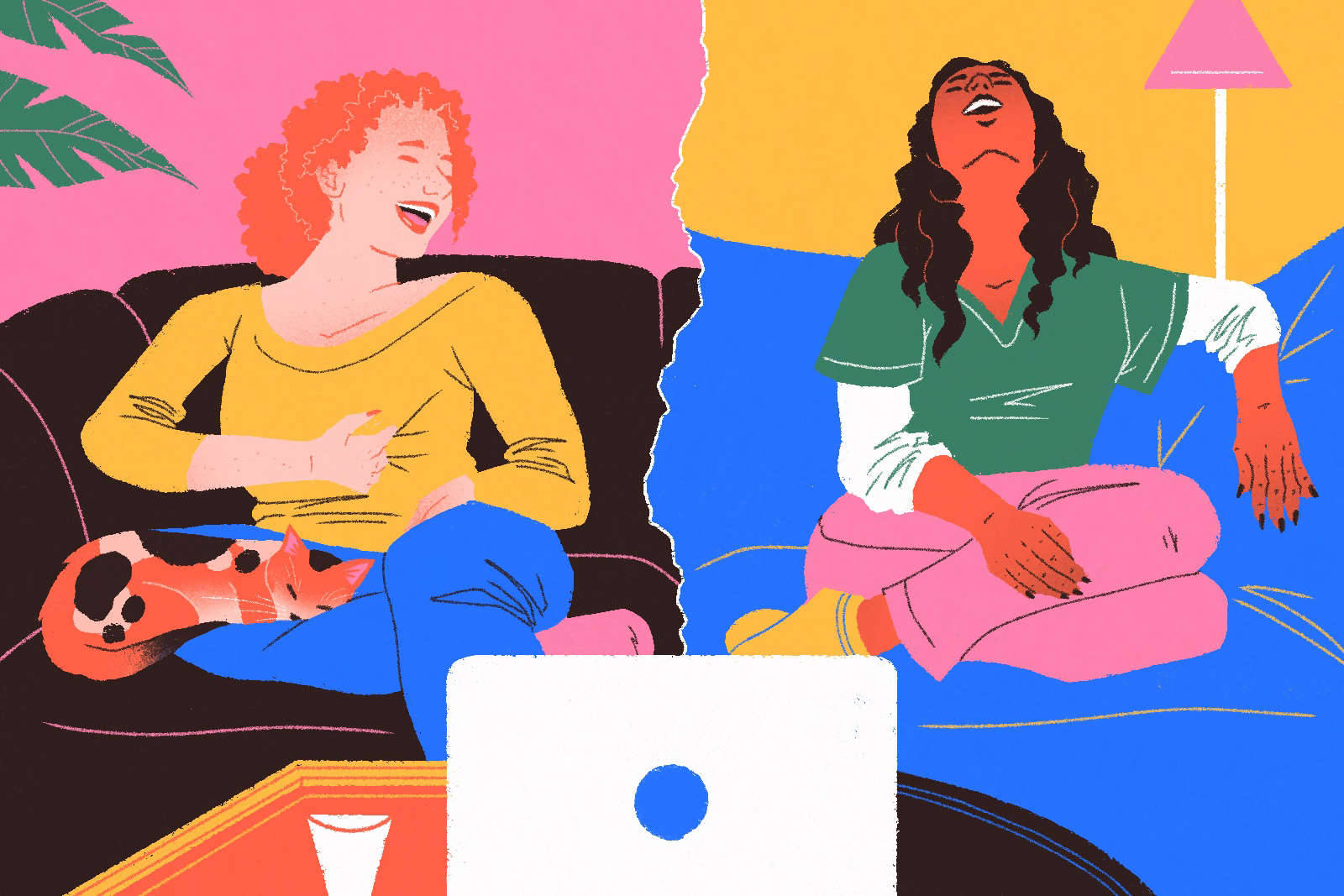 illustration of two women watching a film