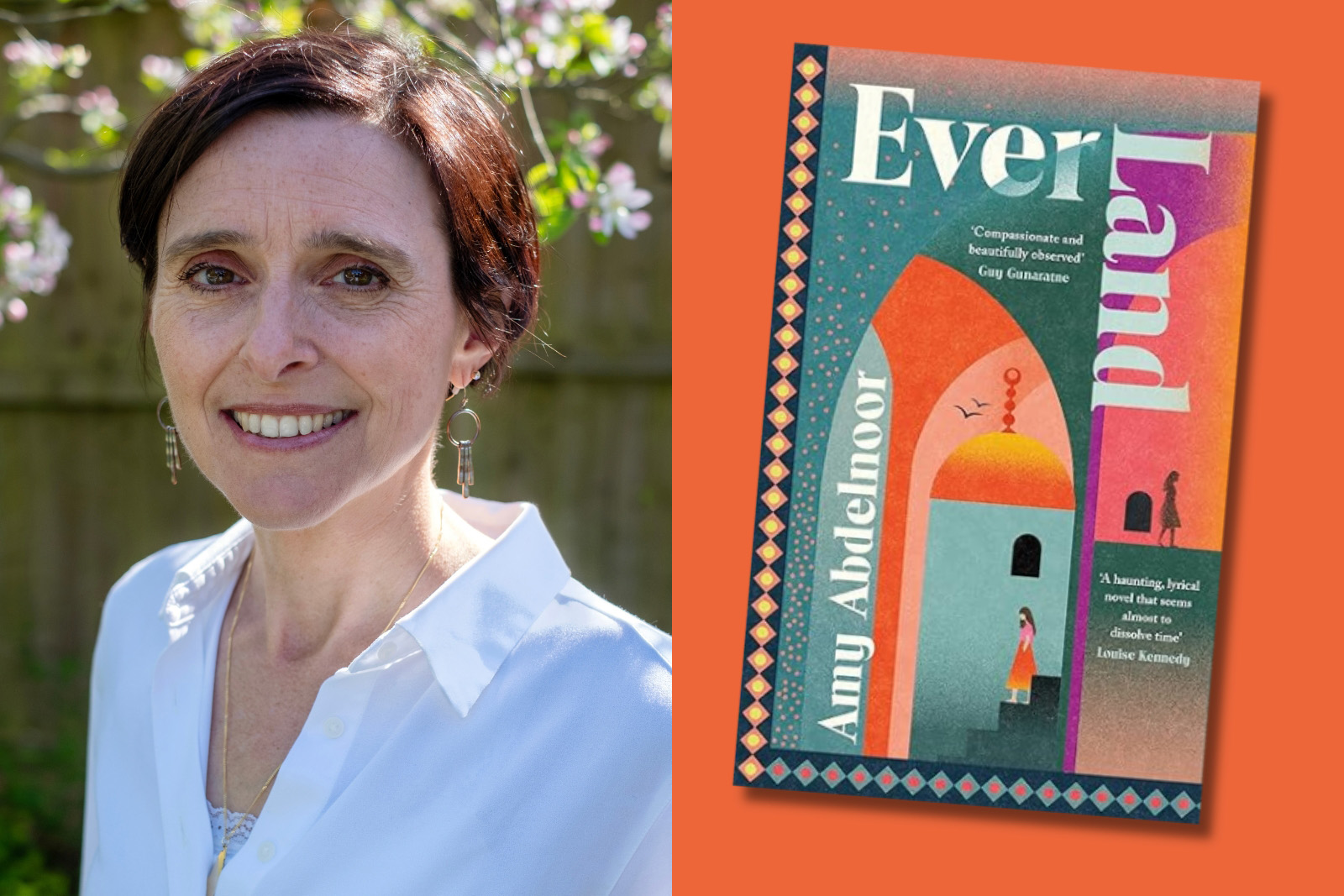 A composite image comprising, on the left, a head shot portrait photograph of author Amy Abdelnoor; and on the right, the cover of her debut novel Ever Land